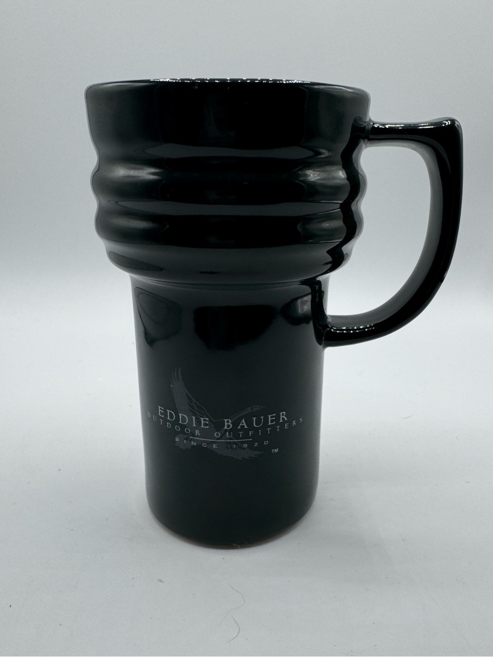 Eddie Bauer White Ceramic Travel Master Mug Black Lid Tumbler Coffee Tea Handle